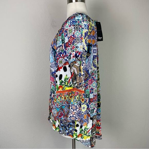 Shana Multicolor Geometric Floral  Flared Sleeve Button Front NWT Silk Top  Med - Picture 5 of 9